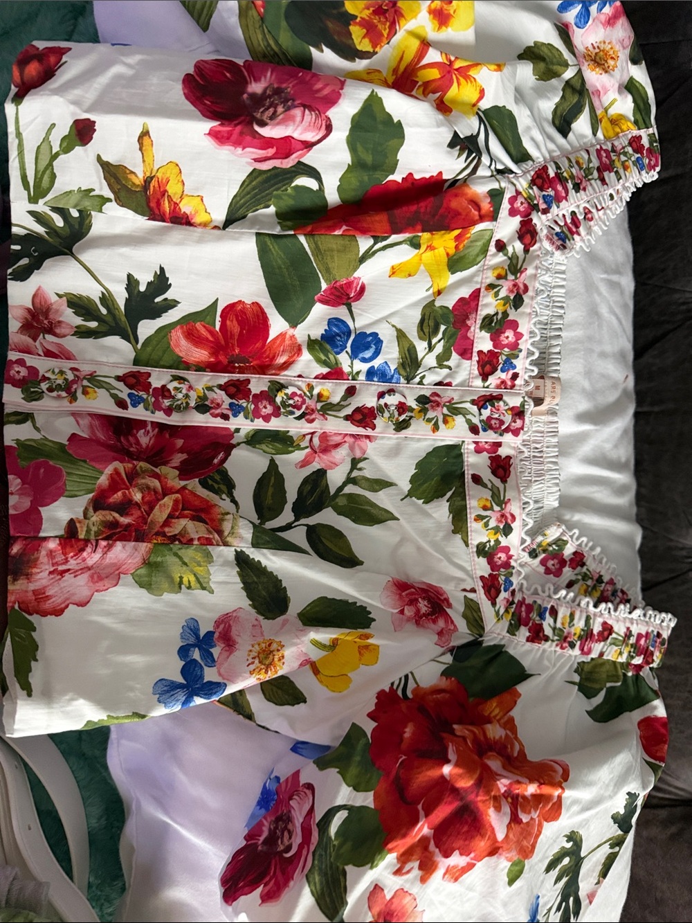 Skies Are Blue White Floral Mini Skirt with Red, Yellow & Blue Blooms
